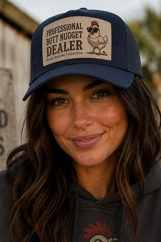 Model wearing the navy Professional Butt Nugget Dealer trucker cap on the farm