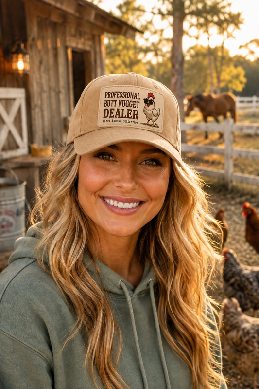 Model wearing the tan Professional Butt Nugget Dealer baseball cap on the farm