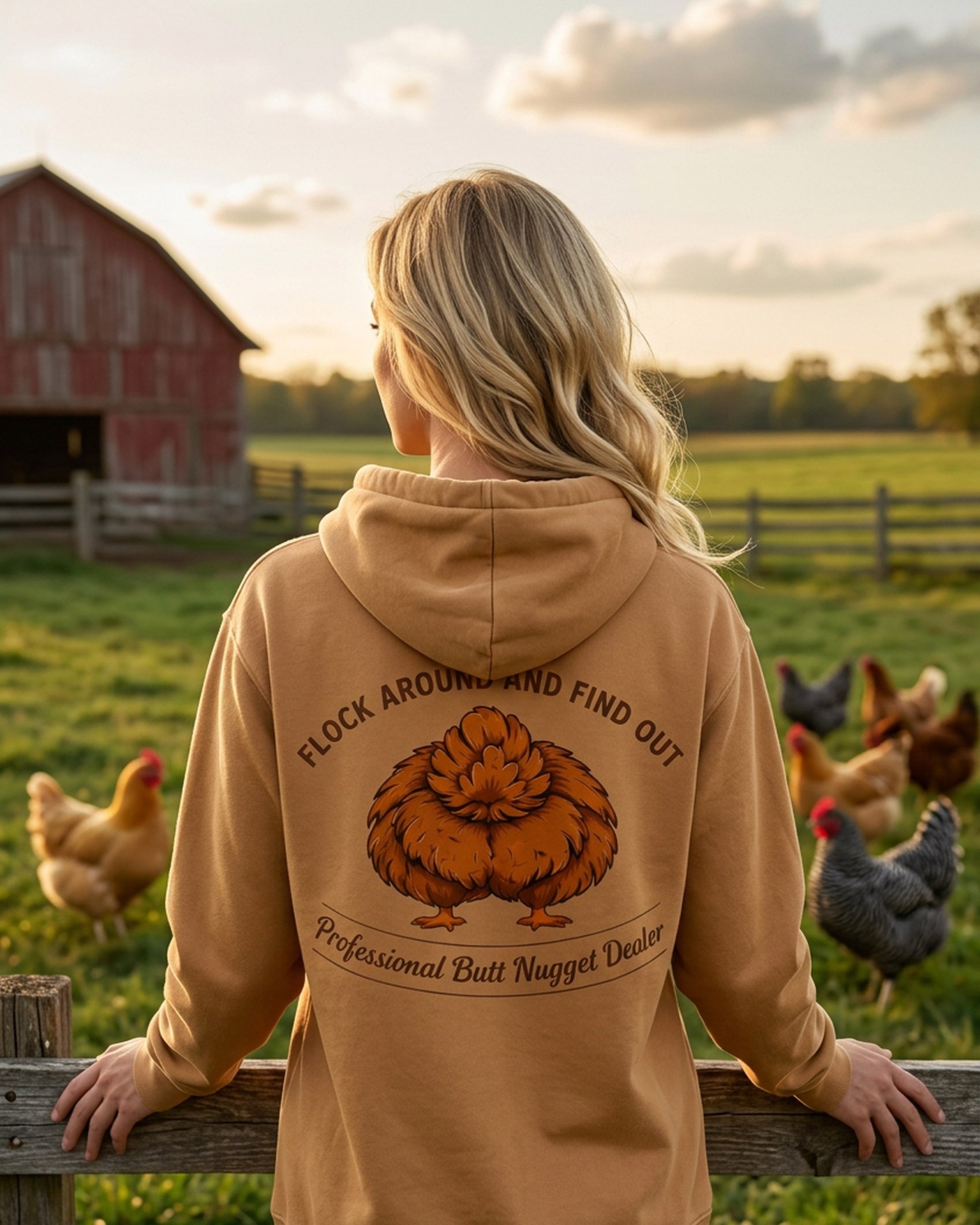 Caramel hoodie on model, back graphic
