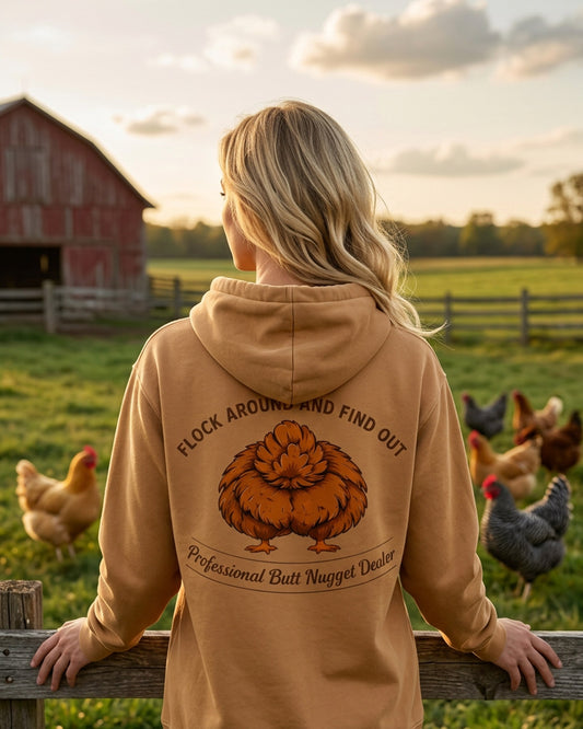 Caramel hoodie on model, back graphic