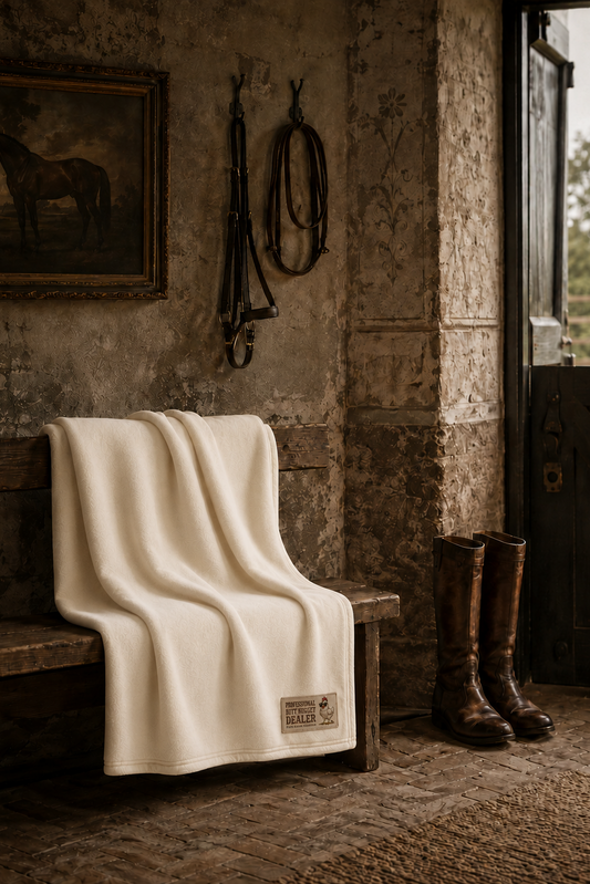 Cream fleece stadium blanket draped over a wooden bench in a stable