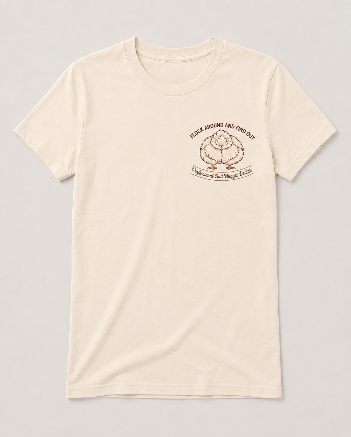 Cream women's tee flat lay, front chest emblem