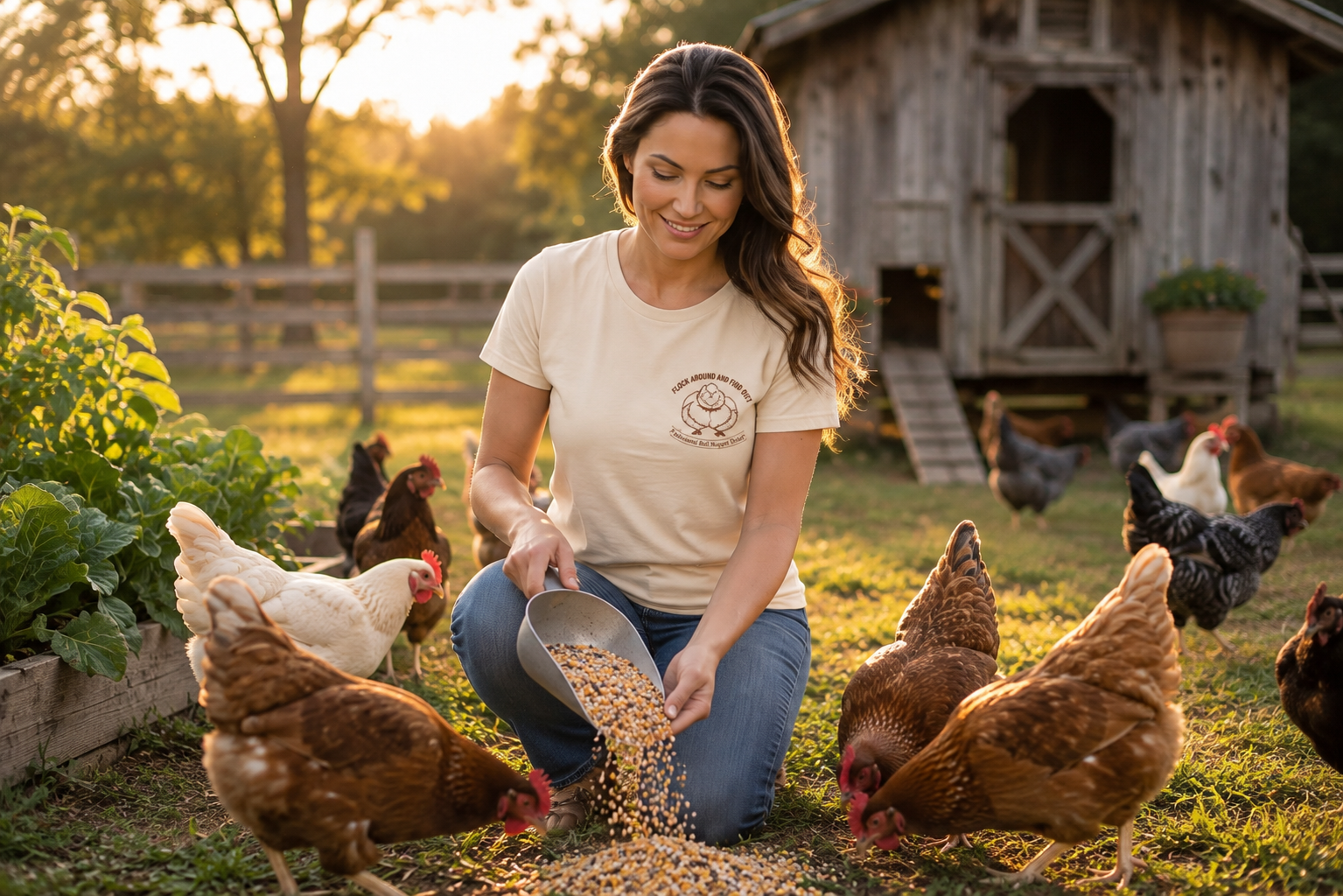 Woman in cream Flock Around and Find Out tee feeding the flock at golden hour