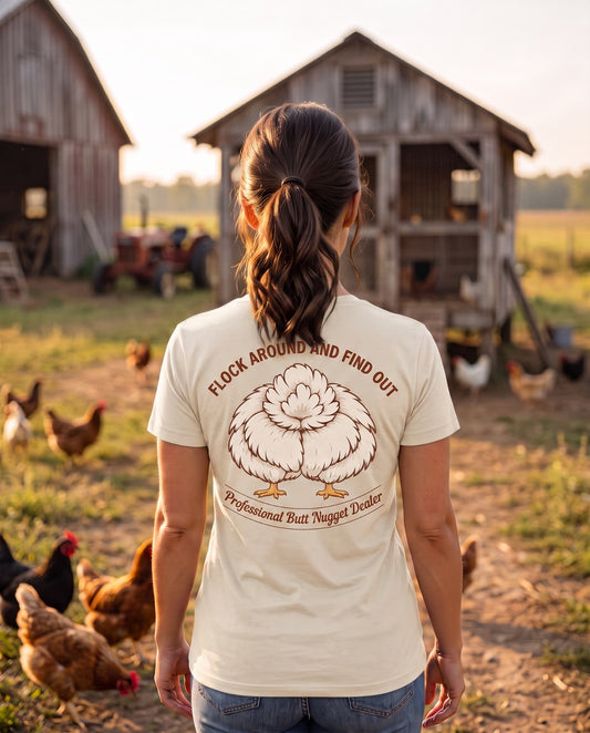 Cream Flock Around and Find Out women's tee, back print on model at the barn