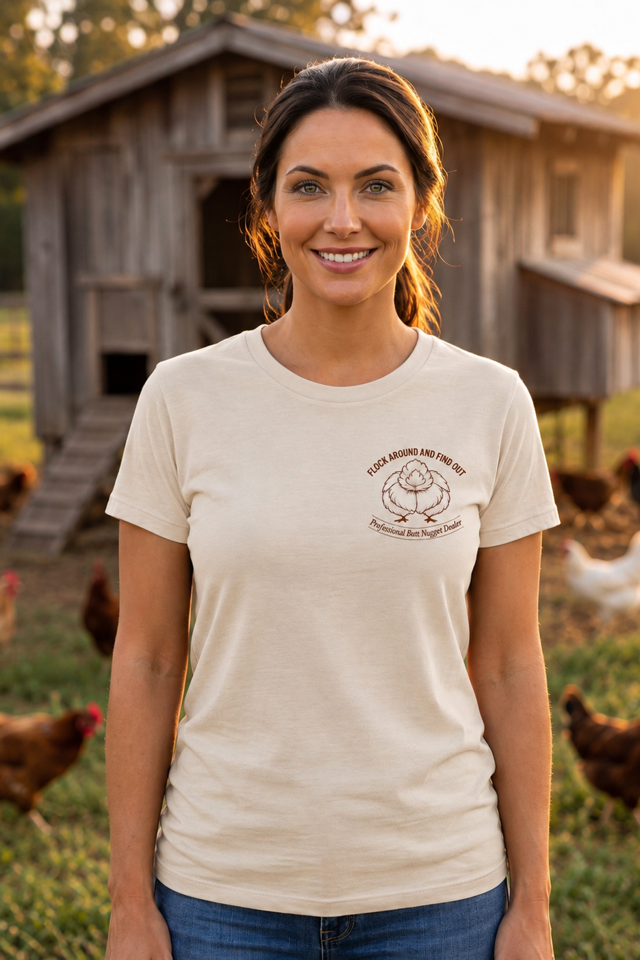 Cream Flock Around and Find Out women's tee, front view on model at the coop