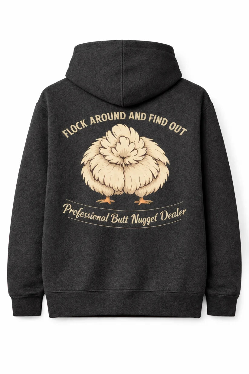 Dark Heather Grey hoodie flat lay back with full silkie graphic