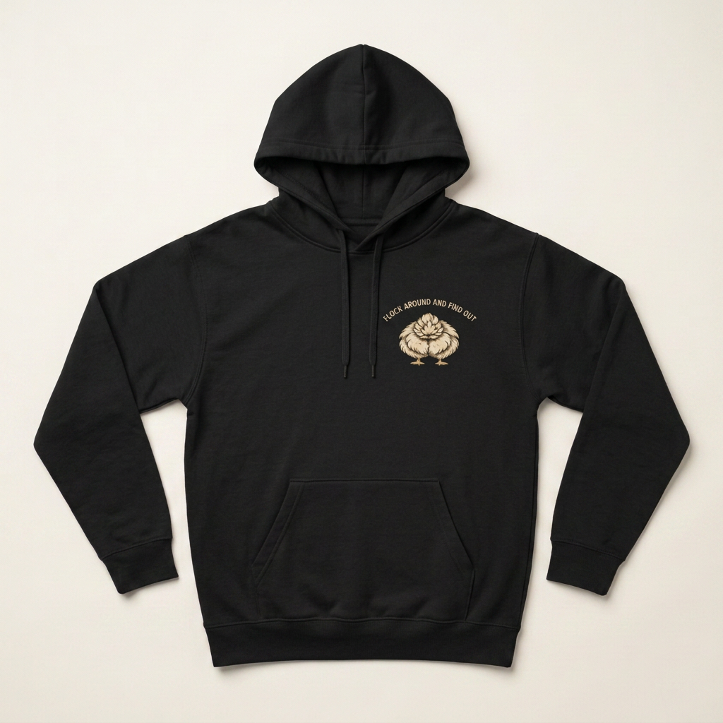 Black hoodie flat lay front with left chest emblem