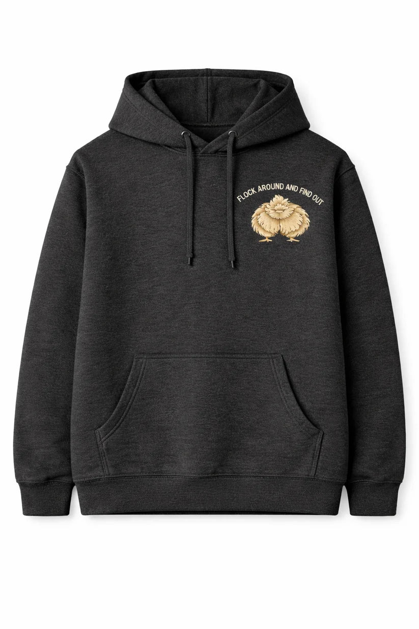 Dark Heather Grey hoodie flat lay front with left chest logo