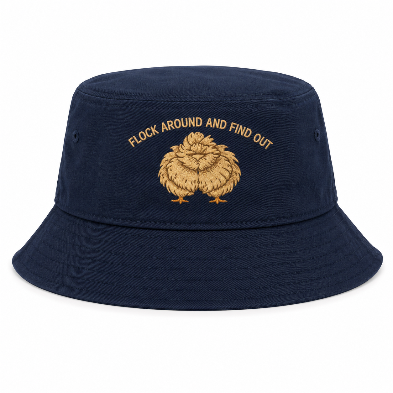 Flock Around and Find Out navy bucket hat with gold embroidered silkie hen