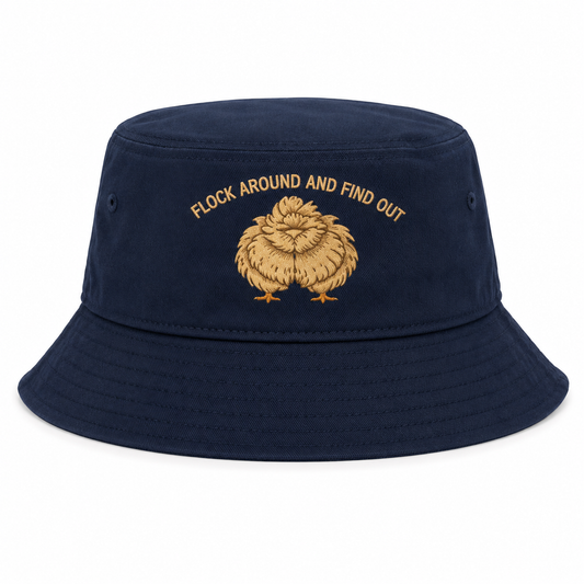 Flock Around and Find Out navy bucket hat with gold embroidered silkie hen