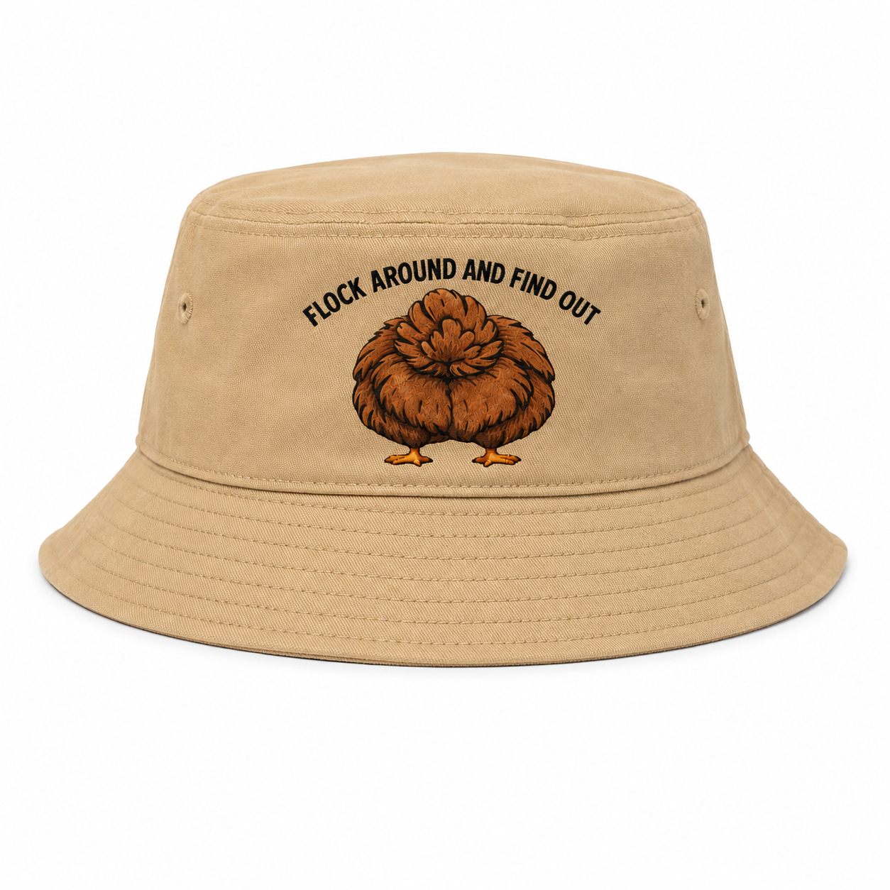 Flock Around and Find Out khaki bucket hat, embroidered front