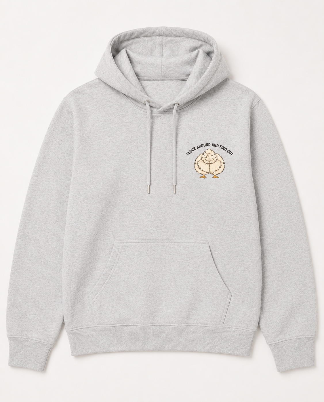 Heather grey hoodie flat front with left chest chicken emblem