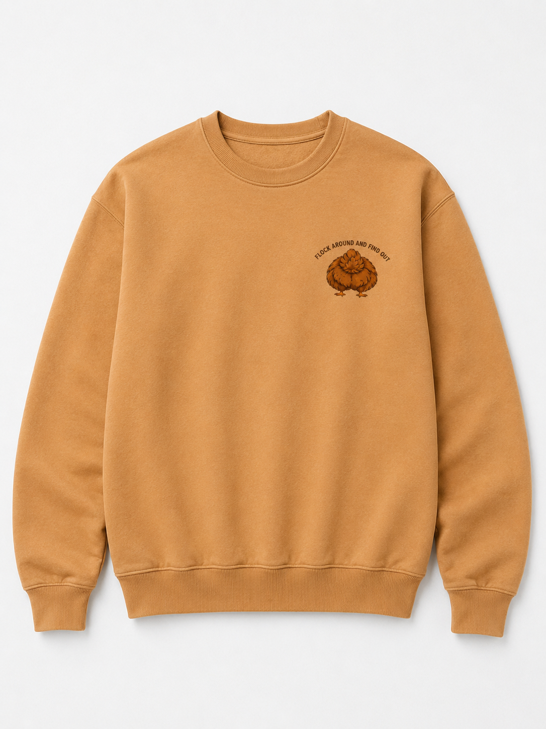 Caramel sweatshirt flat front with small chest hen logo