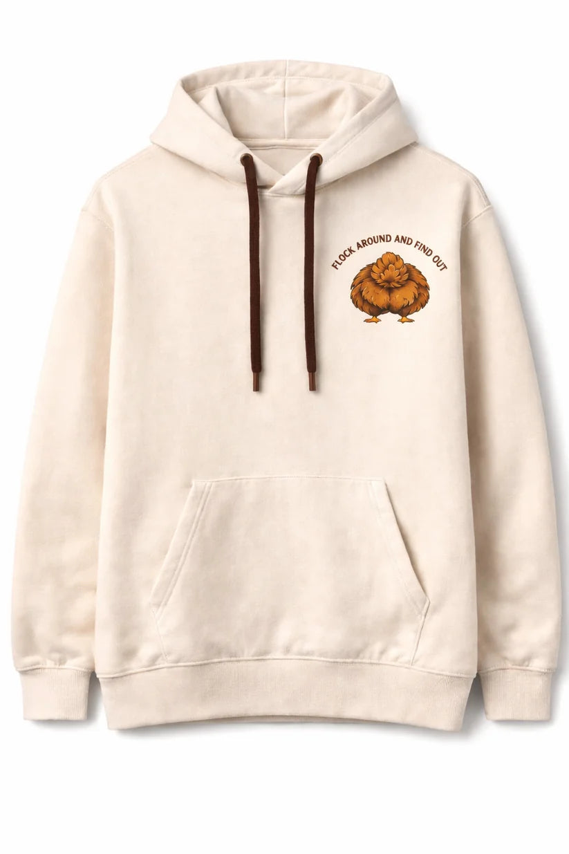 Cream hoodie flat lay front with left chest emblem