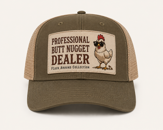 Olive trucker cap front with Professional Butt Nugget Dealer patch