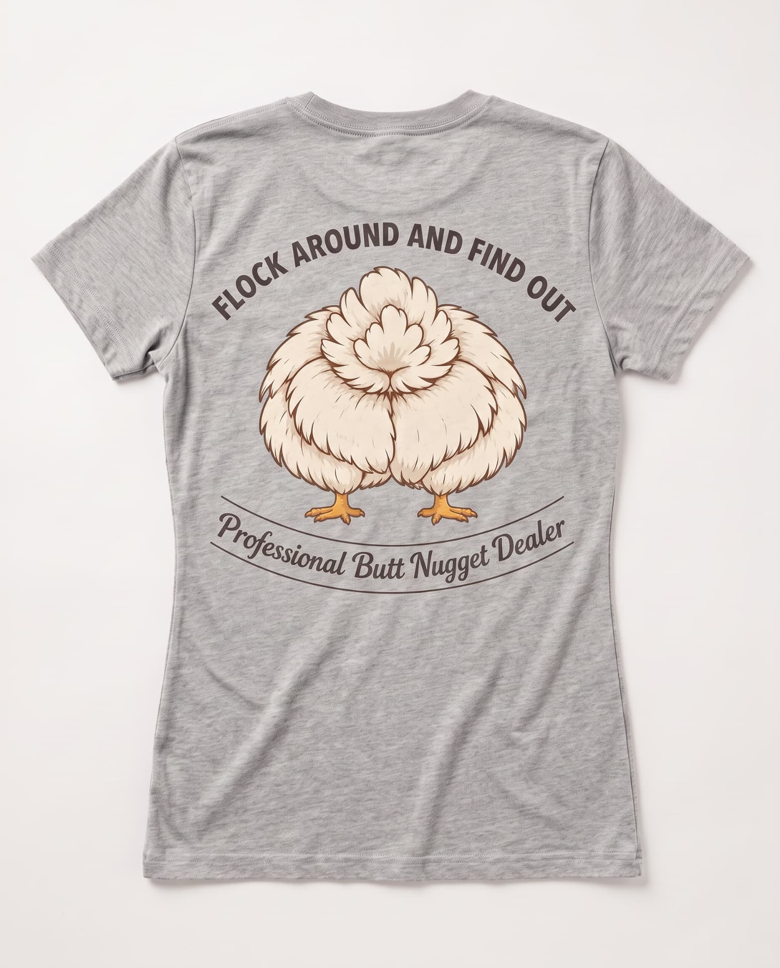 Heather grey women's v-neck tee, flat back, charcoal Flock Around and Find Out emblem