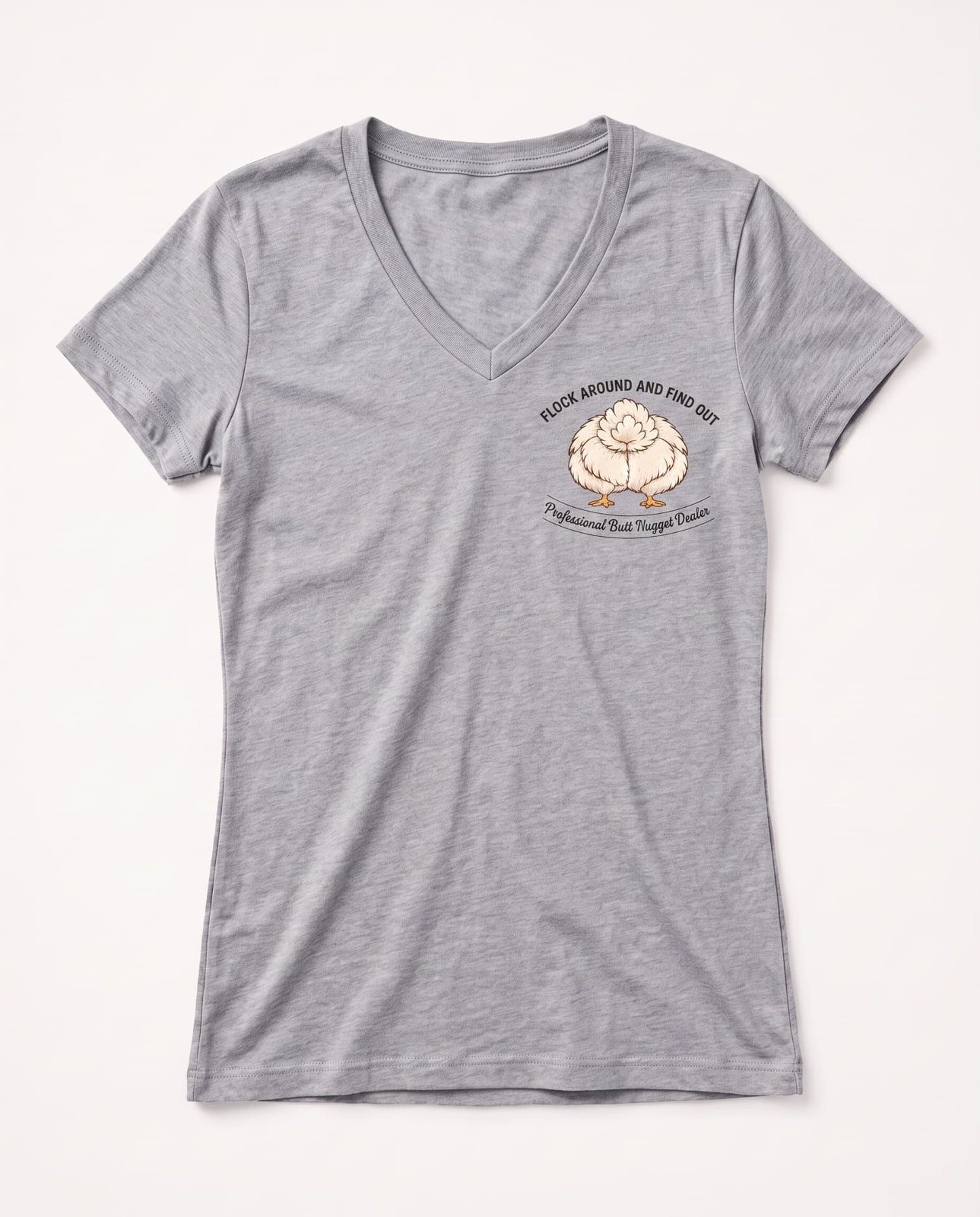 Heather grey women's v-neck tee, flat front, charcoal chest logo