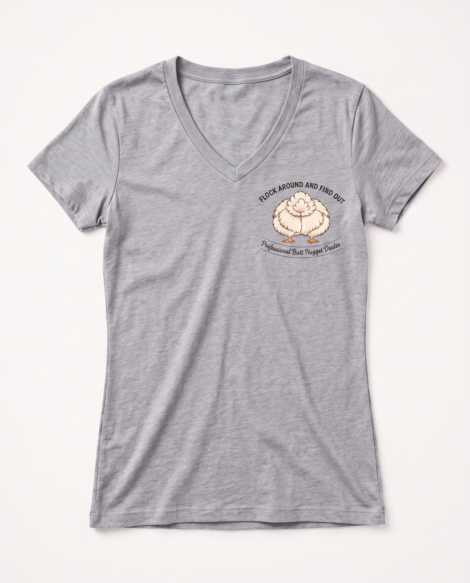 Heather grey women's v-neck tee, flat front, charcoal chest logo