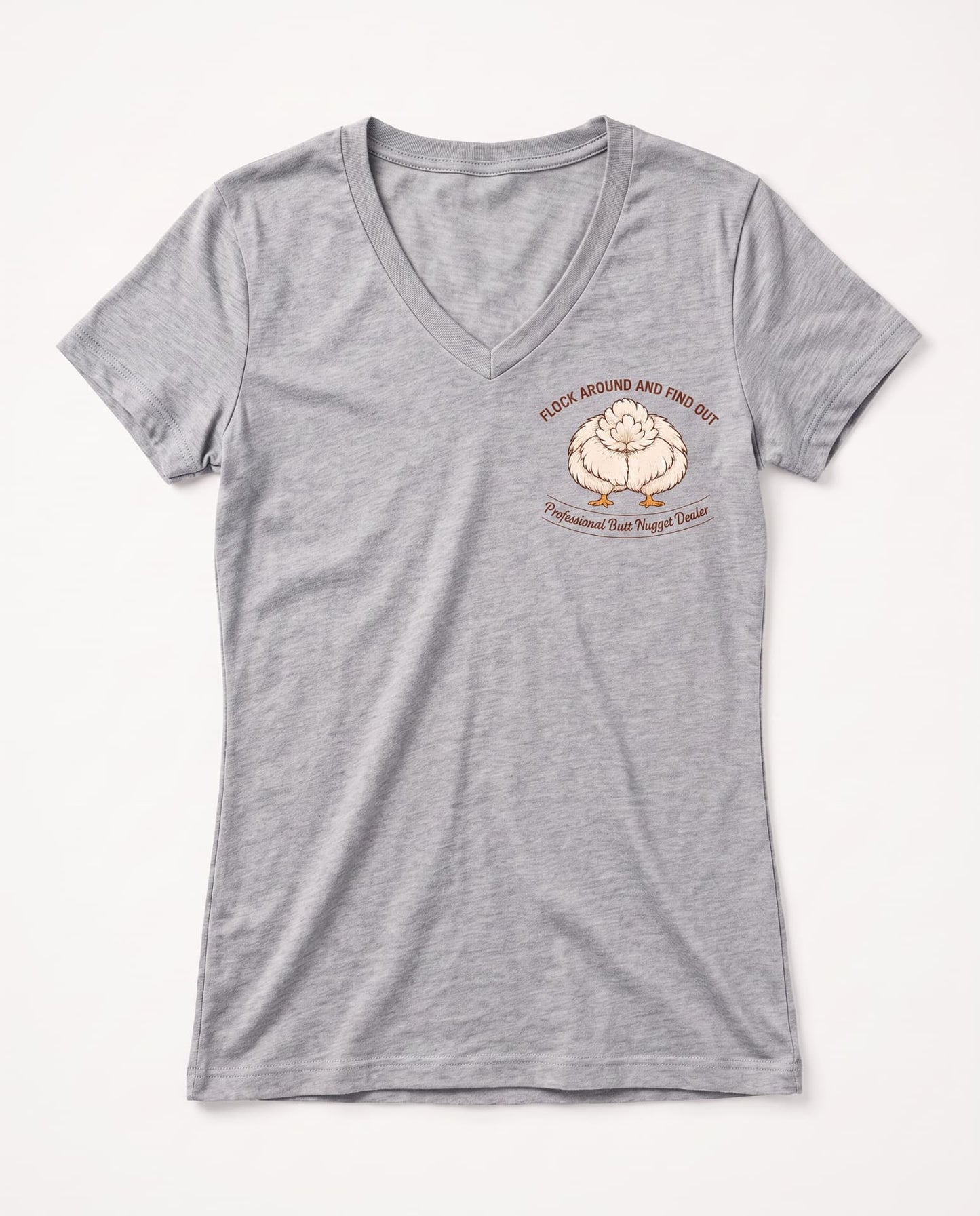 Grey Heather rust print v-neck tee, flat front