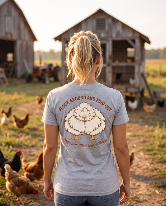 Model wearing Grey Heather rust print v-neck tee, back