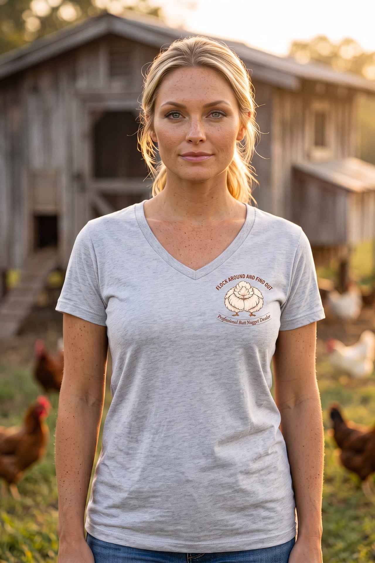 Model wearing Grey Heather rust print v-neck tee, front