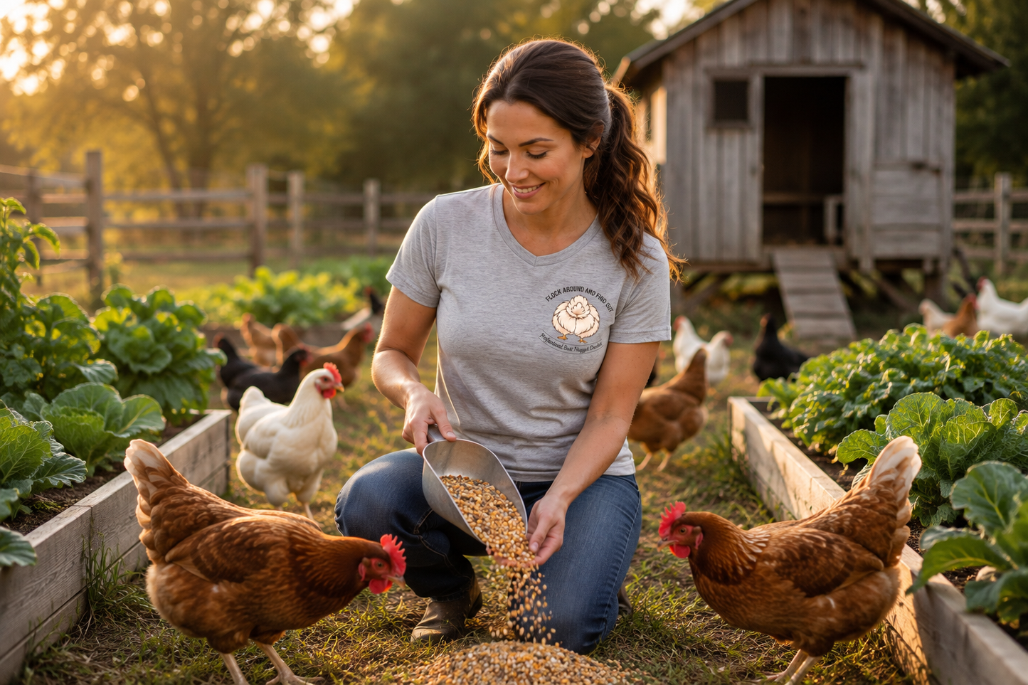Woman in grey heather tee feeding chickens at golden hour