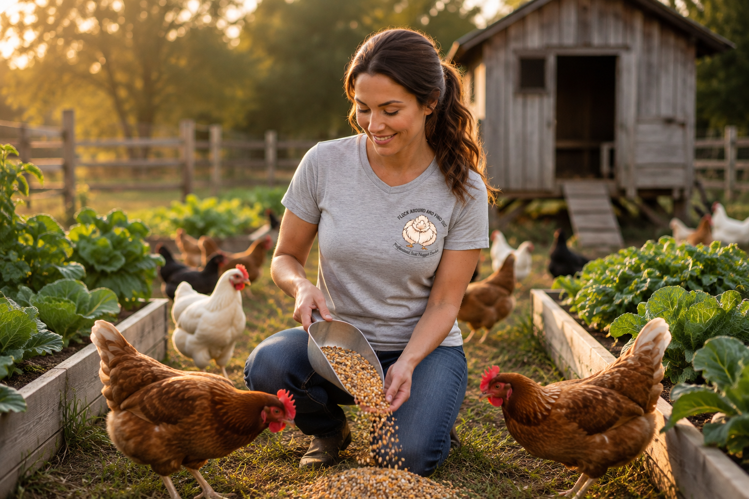 Woman in grey heather tee feeding chickens at golden hour