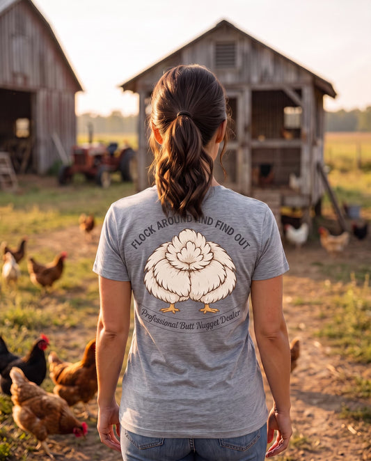 Model wearing heather grey v-neck tee, back view with full charcoal emblem