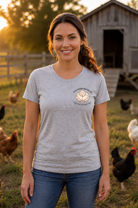 Woman wearing grey heather Flock Around and Find Out tee on the farm