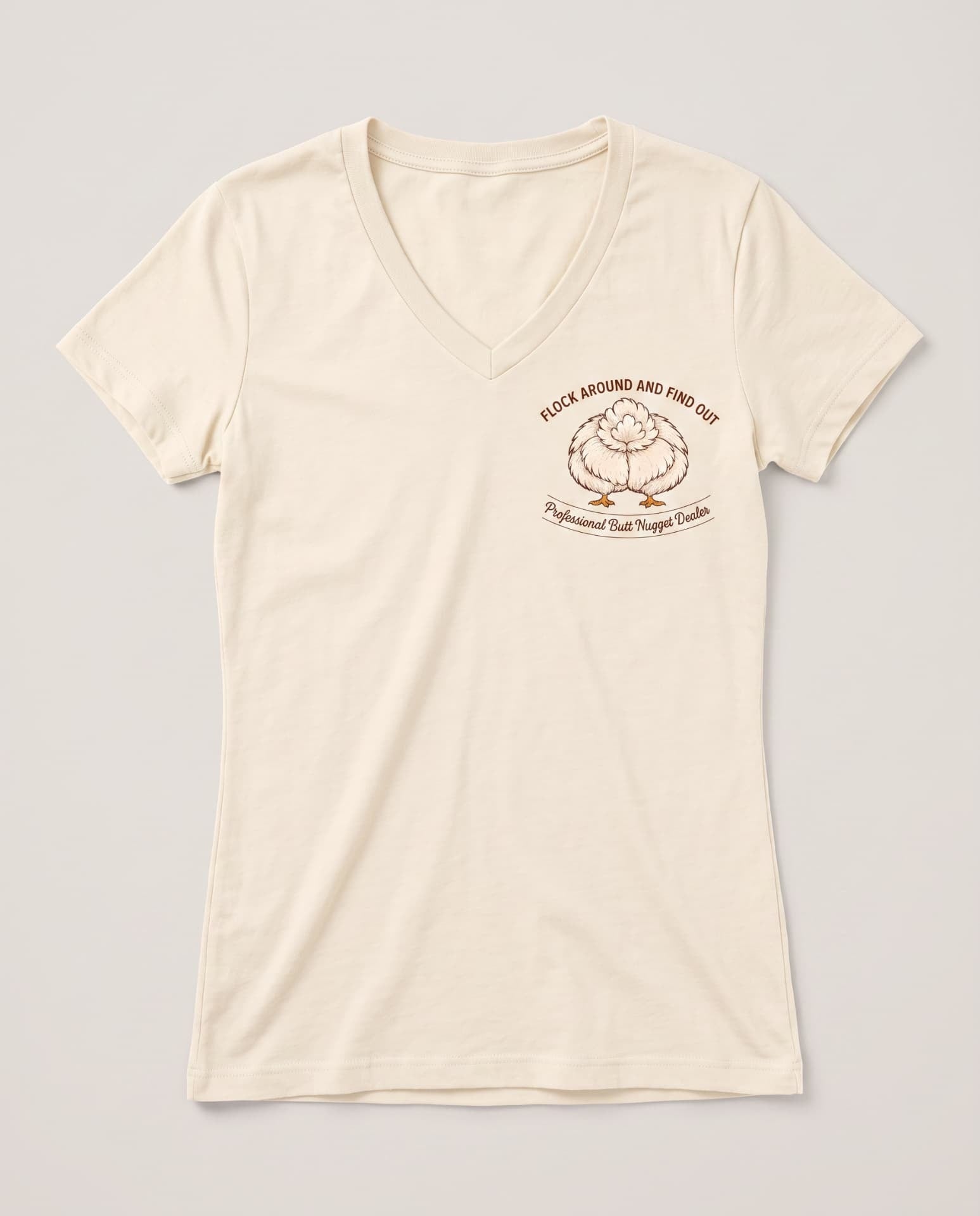 Flock Around and Find Out v-neck tee in ivory, flat front