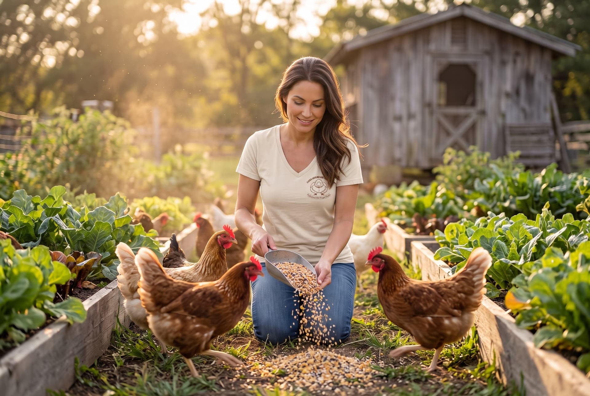 Ivory v-neck tee lifestyle shot on the farm