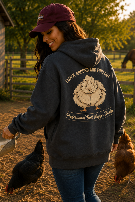 Woman feeding chickens wearing the Dark Heather Grey hoodie at golden hour
