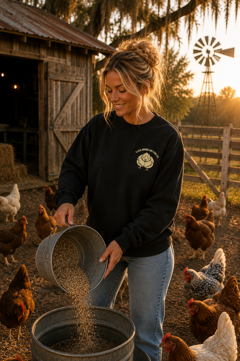 Model in black sweatshirt feeding chickens at golden hour