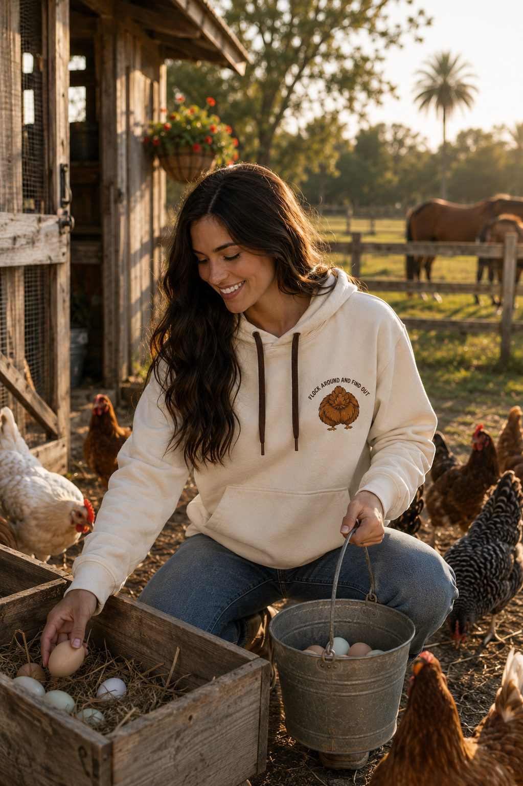 Woman in cream hoodie gathering eggs at the coop