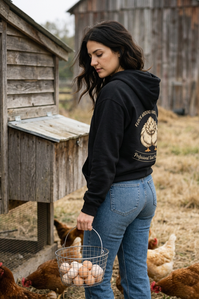 Model in black hoodie collecting eggs at the coop