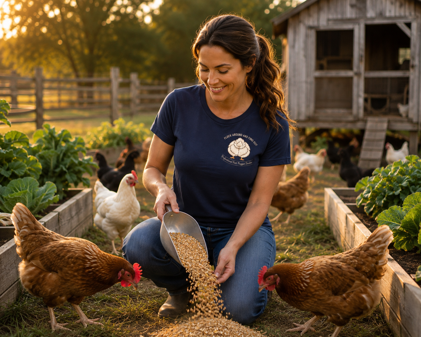 Navy crew tee lifestyle shot feeding chickens