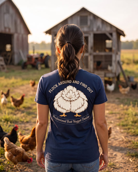 Navy crew tee back view on model at the barn