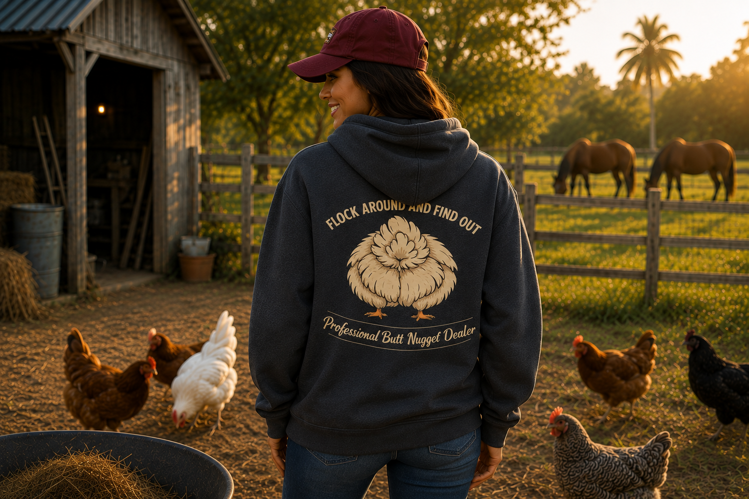 Back view of Dark Heather Grey hoodie with Professional Butt Nugget Dealer back print