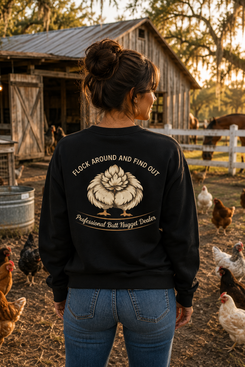 Back view of black sweatshirt with Professional Butt Nugget Dealer graphic