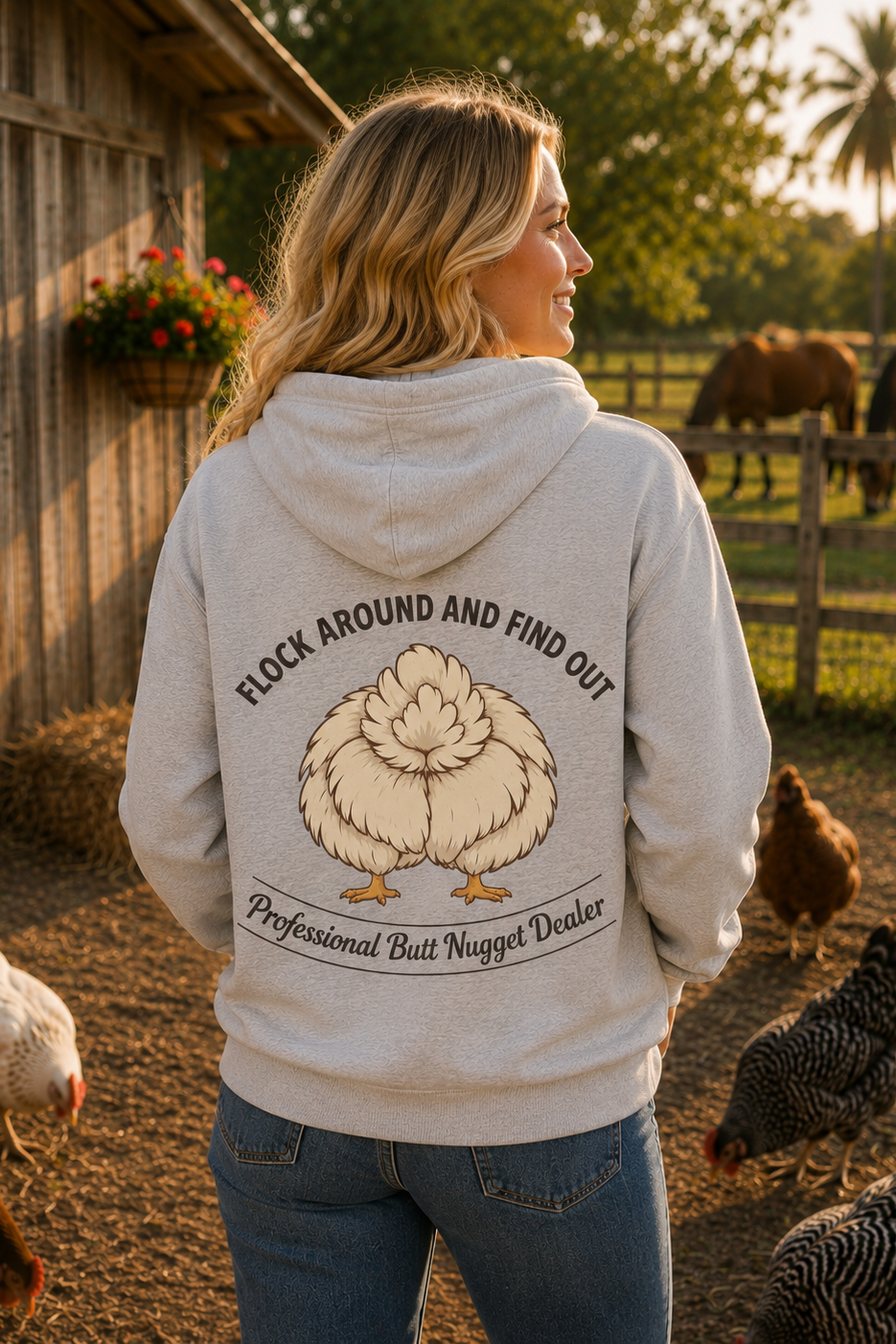 Heather grey hoodie back view with Professional Butt Nugget Dealer artwork