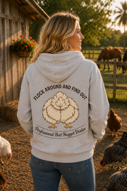 Heather grey hoodie back view with Professional Butt Nugget Dealer artwork