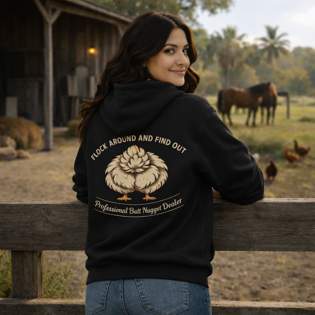 Back view of black hoodie showing Professional Butt Nugget Dealer graphic