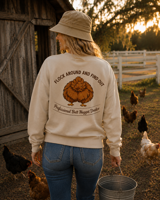 Back view of model wearing cream sweatshirt with full silkie hen graphic