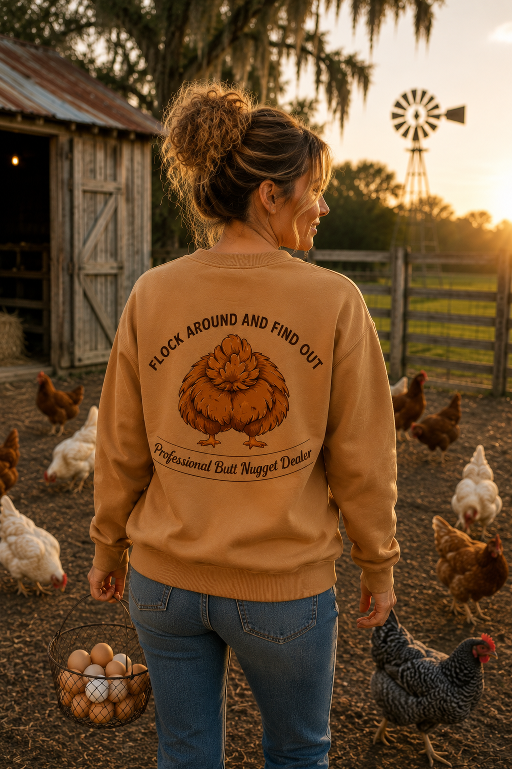 Back of caramel sweatshirt with Professional Butt Nugget Dealer hen emblem