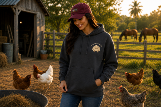 Woman wearing Dark Heather Grey Flock Around and Find Out hoodie with chest logo on the farm