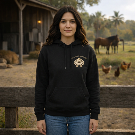 Model wearing black Flock Around and Find Out hoodie, front view at farm fence