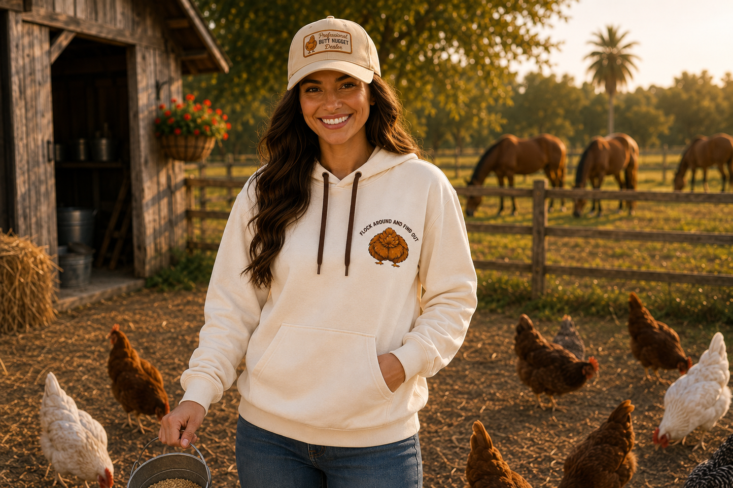 Flock Around and Find Out women's cream hoodie, front view on model at the farm
