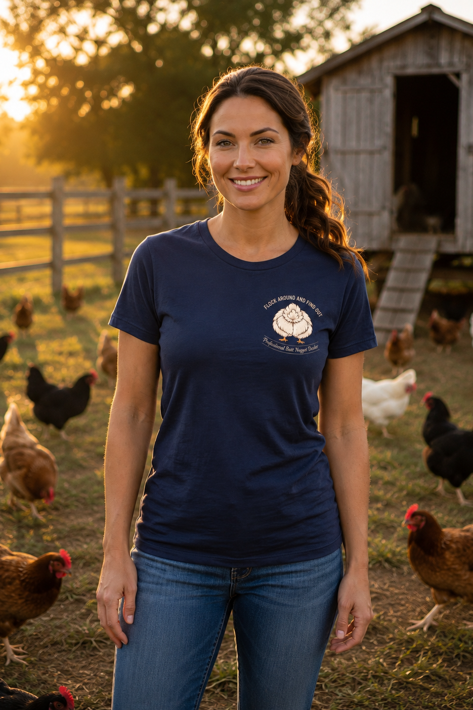 Navy crew tee front on model at the coop