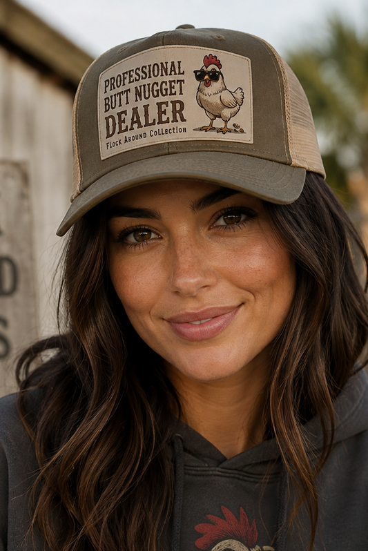 Model wearing the olive Professional Butt Nugget Dealer trucker cap at the farm