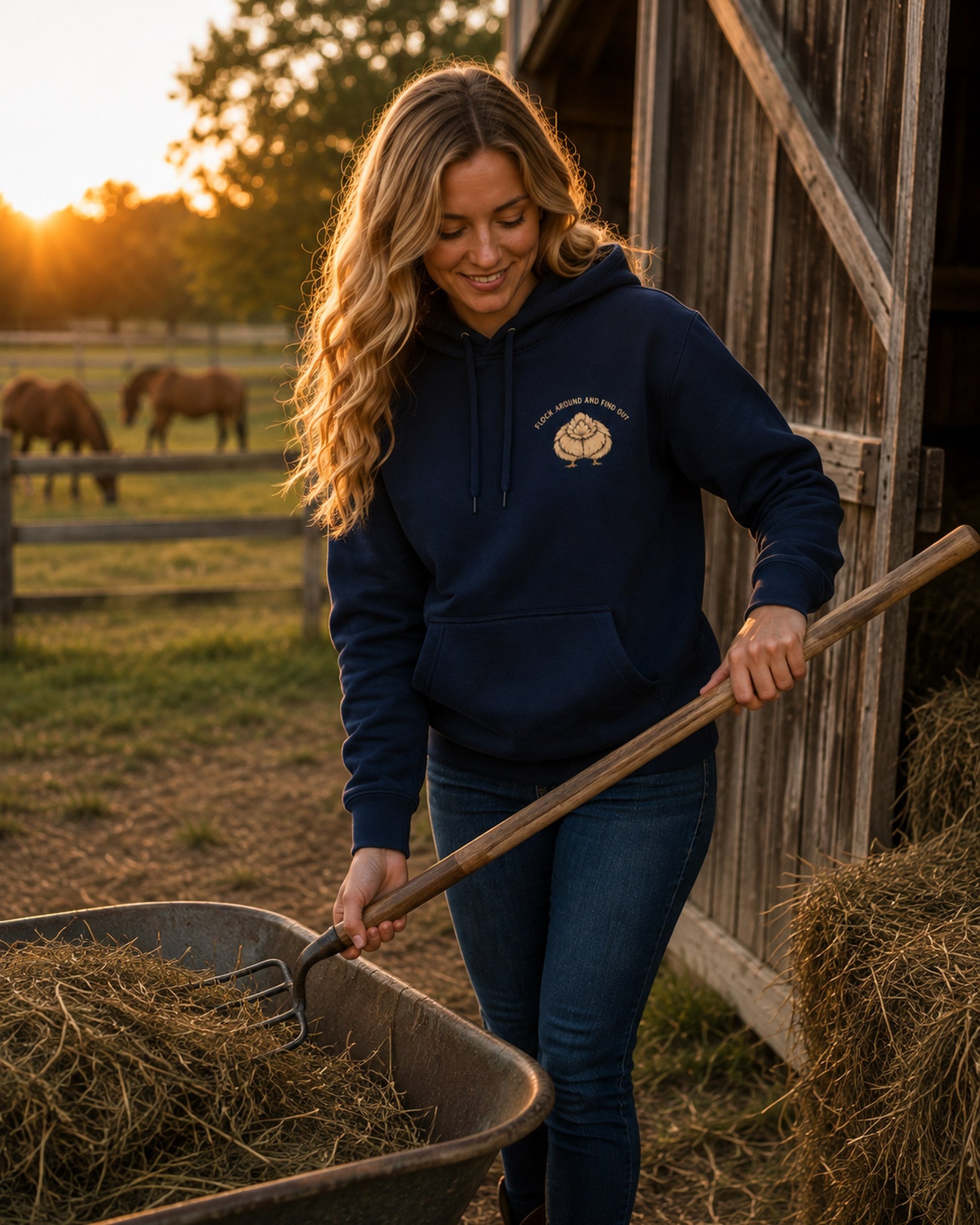 Navy hoodie lifestyle on the farm